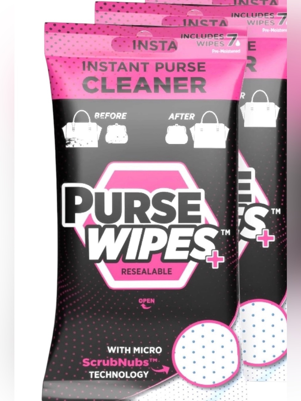 2 Packs of 7 Instant Purse Cleaner Wipes with Micro ScrubNubs Technology